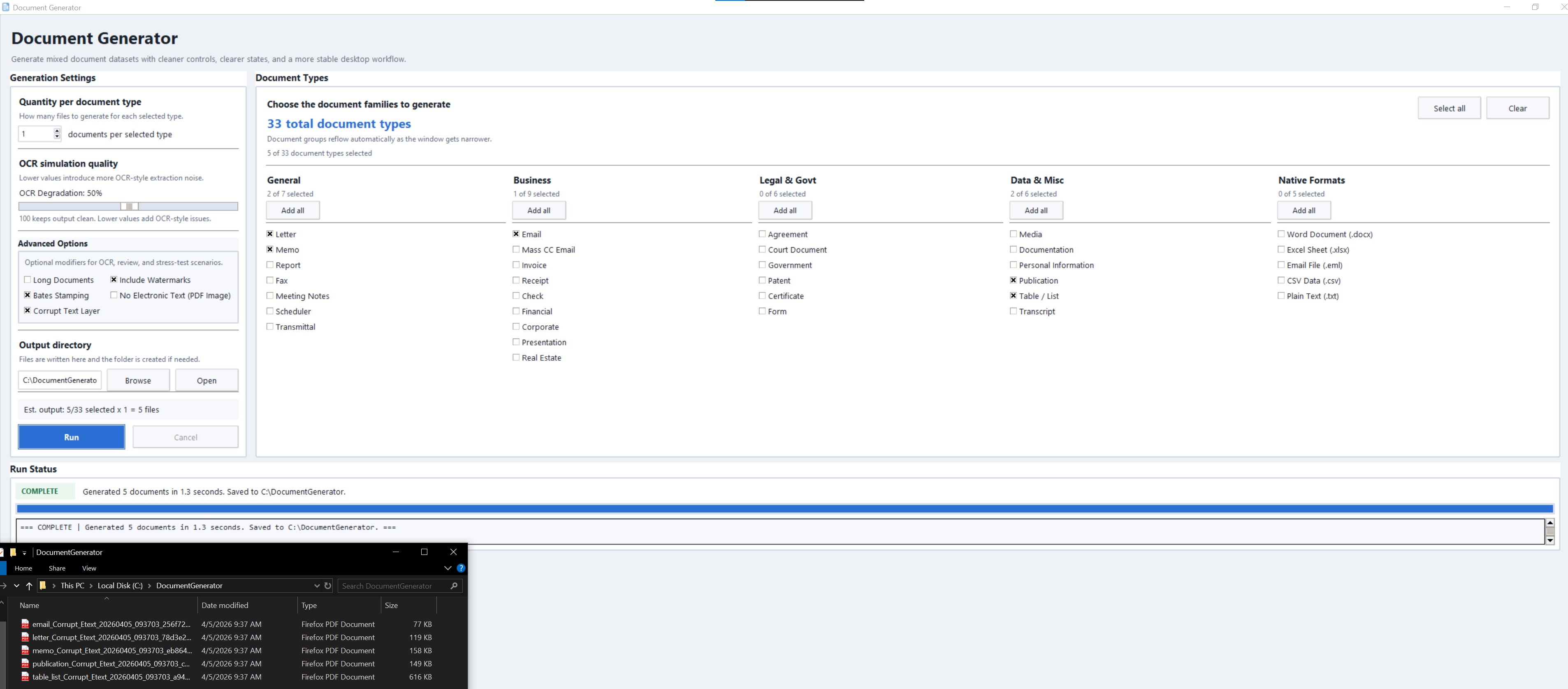 Completed generation run with output files